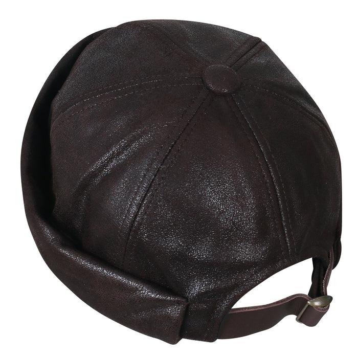Ililily Ililily Faux Leather Solid Color Short Beanie Strap Back Winter Hat Casual Cap