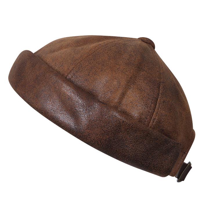 Ililily Ililily Faux Leather Solid Color Short Beanie Strap Back Winter Hat Casual Cap