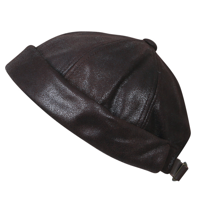 ililily ililily Faux Leather Solid Color Short Beanie Strap Back Winter Hat Casual Cap