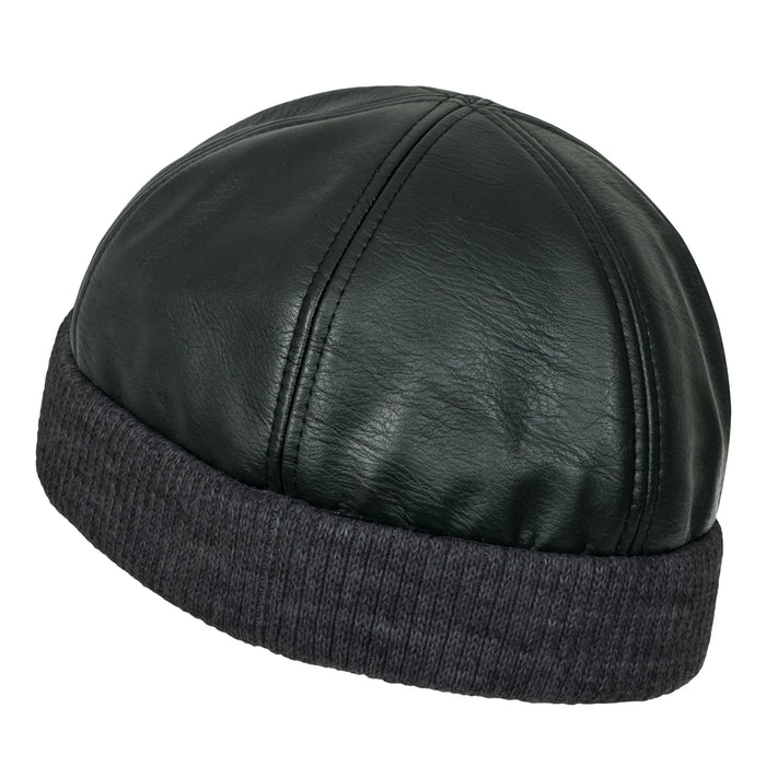 Ililily Ililily Faux Leather Solid Color Skully Beanie Ribbed Knit Band Hat