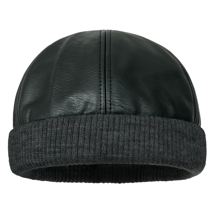 Ililily Ililily Faux Leather Solid Color Skully Beanie Ribbed Knit Band Hat