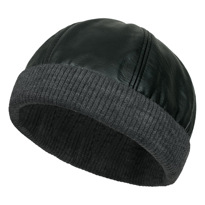 ililily ililily Faux Leather Solid Color Skully Beanie Ribbed Knit Band Hat