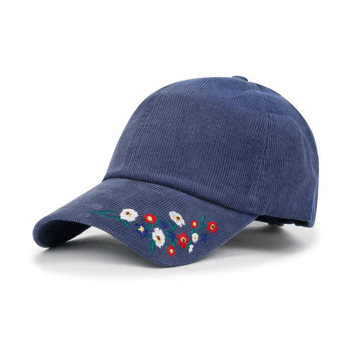 ililily ililily Flower Embroidery Color Baseball Cap Cotton Corduroy Adjustable Hat Navy