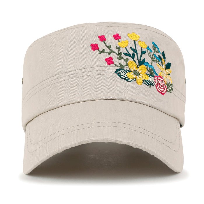 Ililily Ililily Flower Embroidery Cotton Military Army Hat Women Casual Cadet Cap