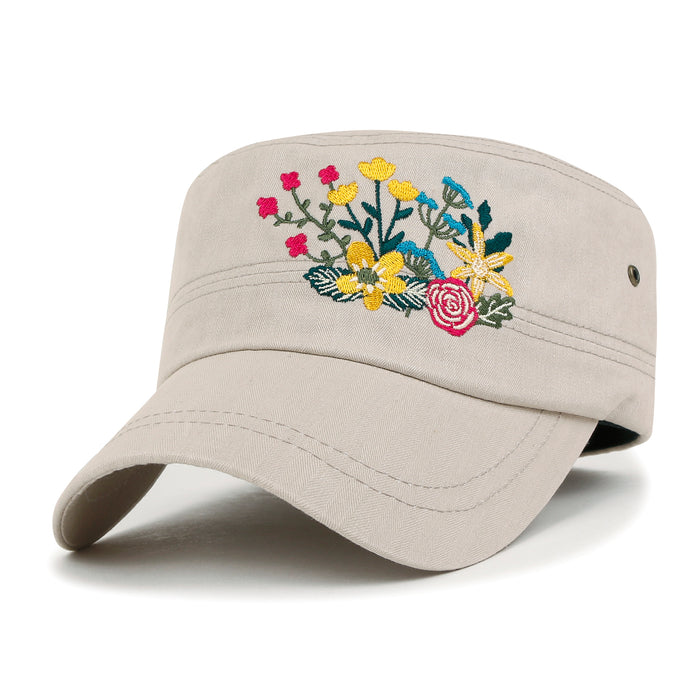 ililily ililily Flower Embroidery Cotton Military Army Hat Women Casual Cadet Cap