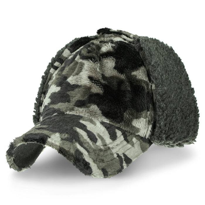 ililily ililily Howels Camo/Solid Velboa Baseball Cap Ear Flaps Military Trucker Hat
