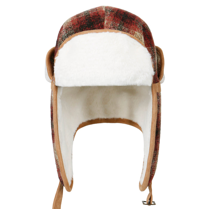Ililily Ililily Howels Wool Plaid Pattern Aviator Trapper Trooper Faux Fur Ear Flaps Hat
