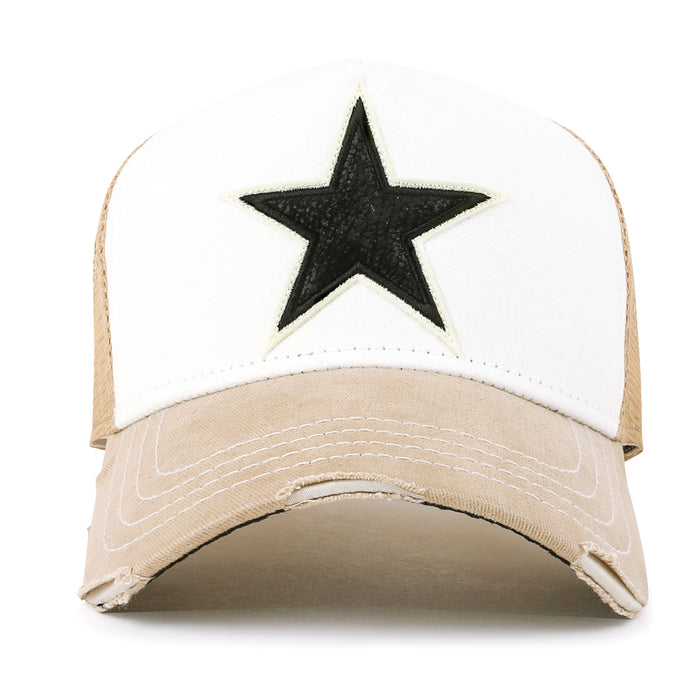 Ililily Ililily PREMIUM Faux Leather Star Patch Baseball Cap Cotton Vintage Trucker Hat