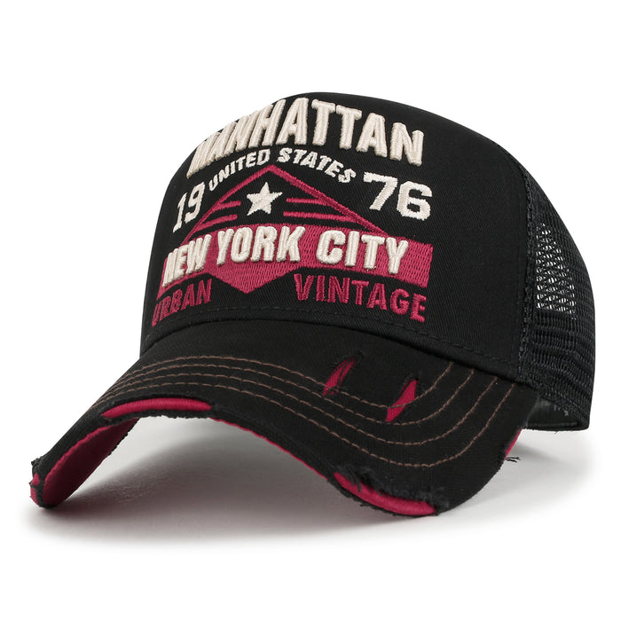 ililily ililily PREMIUM Manhattan Wide Embroidery Trucker Hat Vintage Baseball Cap