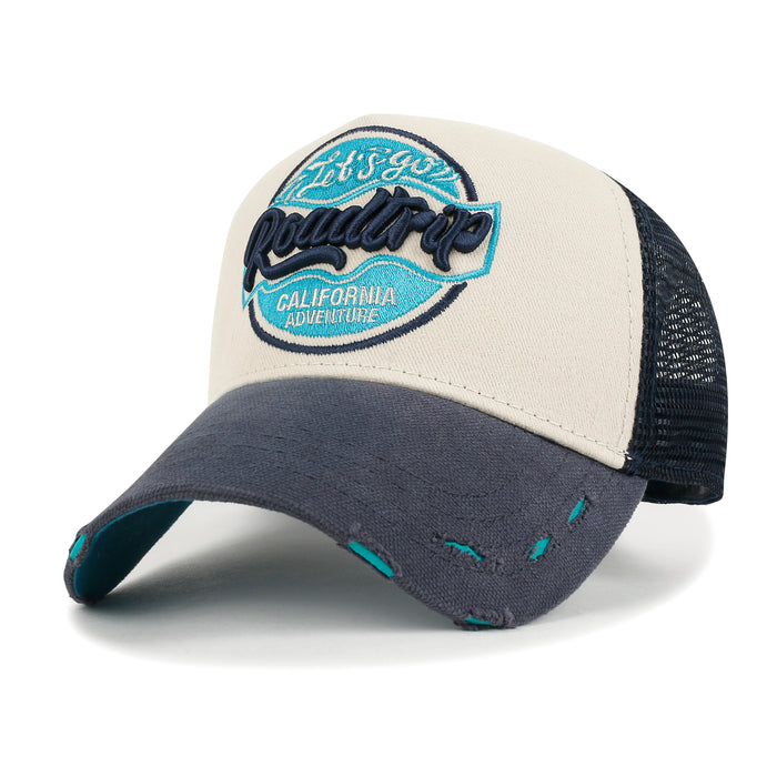 ililily ililily Premium ROAD TRIP Round Embroidery Trucker Hat Vintage Baseball Cap