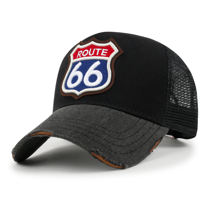 ililily ililily PREMIUM Route 66 Embroidery Baseball Cap Cotton Vintage Trucker Hat