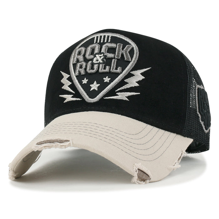 ililily ililily Rock & Roll Embroidery Baseball Cap Guitar Pick Vintage Trucker Hat