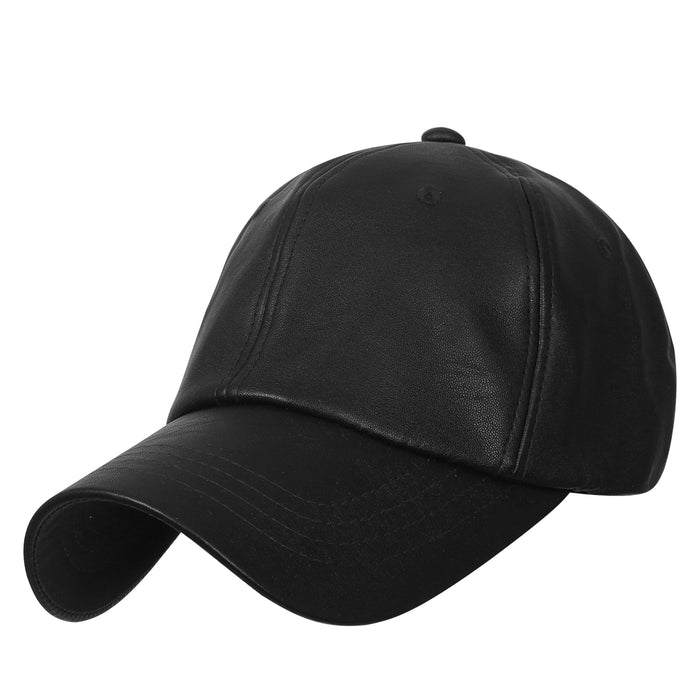 ililily ililily Solid Color Faux Leather Baseball Cap Adjustable Casual Trucker Hat