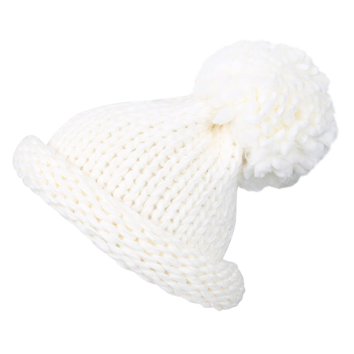 Ililily Ililily Solid Color Fold Over Long Pompom Beanie Winter Ribbed Knit Slouchy Hat