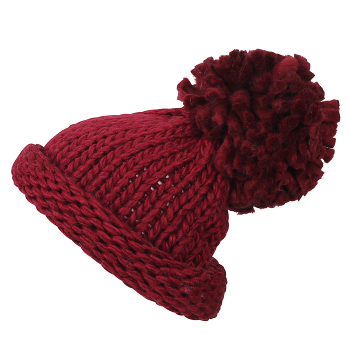 ililily ililily Solid Color Fold Over Long Pompom Beanie Winter Ribbed Knit Slouchy Hat