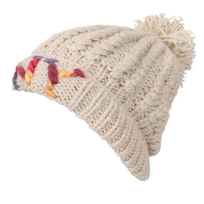 Ililily Ililily Solid Color Fold Over Pompom Beanie NY Winter Ribbed Knit Slouchy Hat