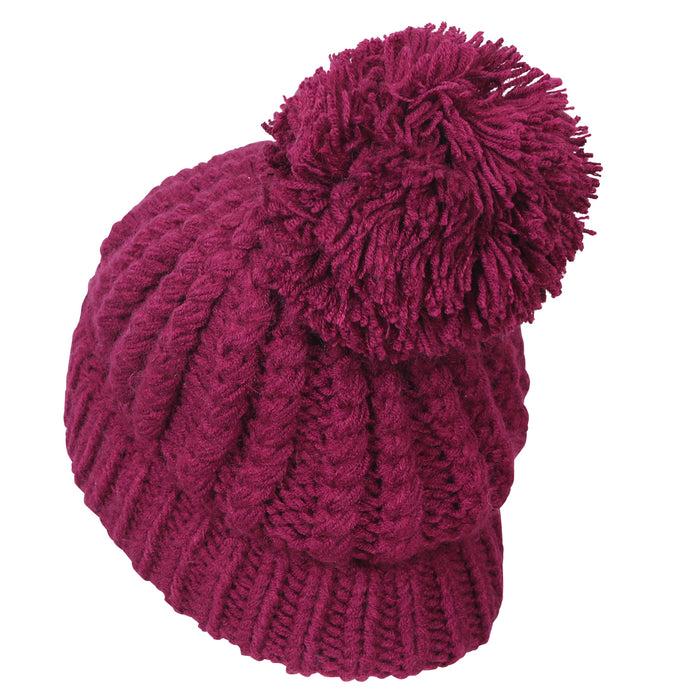 Ililily Ililily Solid Color Fold Over Pompom Beanie NY Winter Ribbed Knit Slouchy Hat