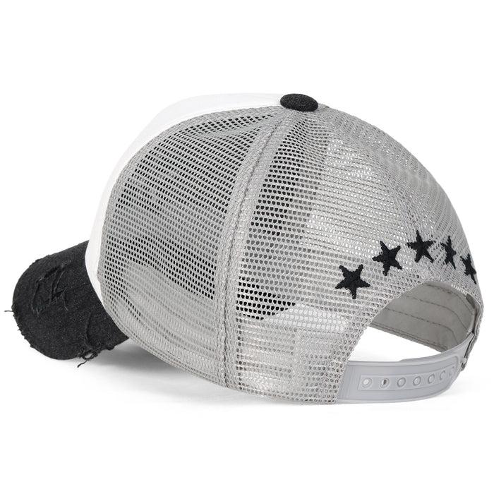 Ililily Ililily Star Embroidery Black White Trucker Hat Cotton Baseball Cap