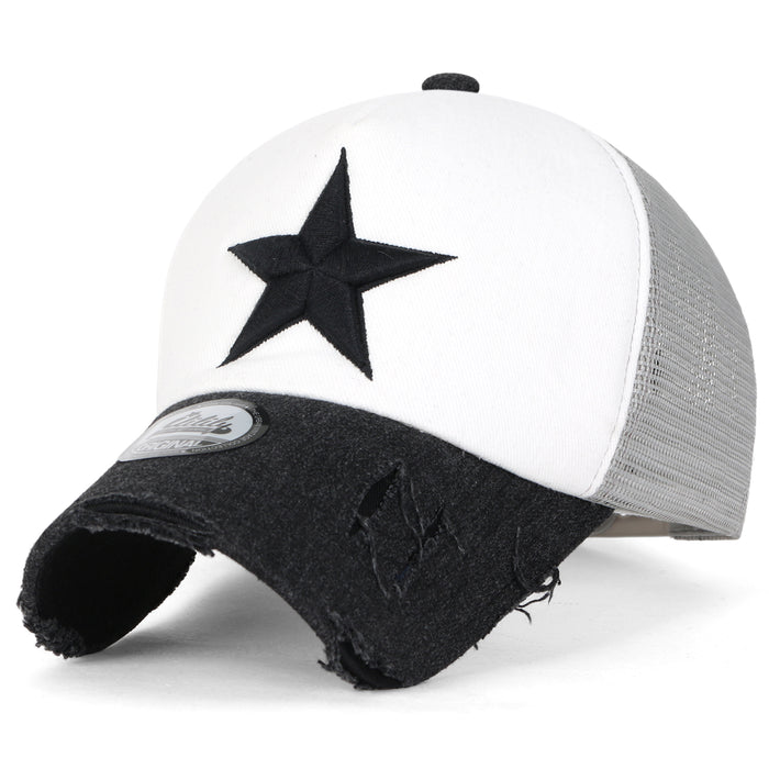 ililily ililily Star Embroidery Black White Trucker Hat Cotton Baseball Cap
