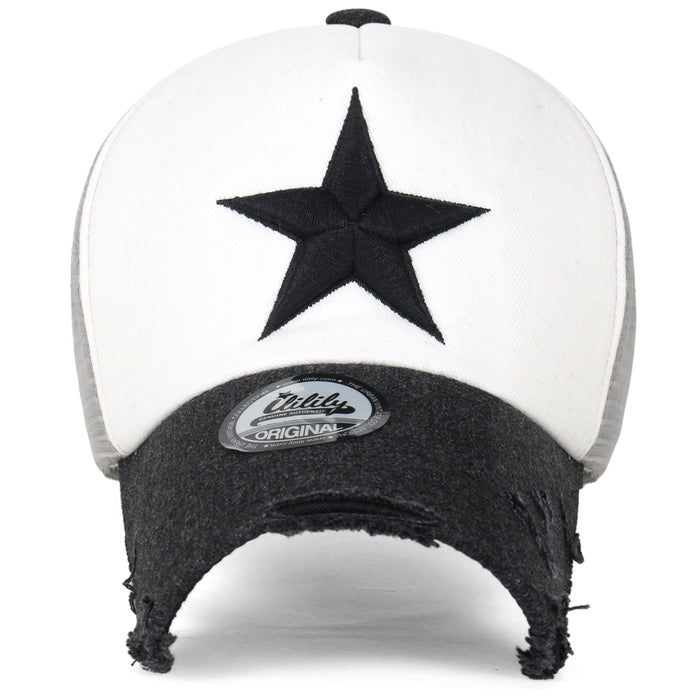 Ililily Ililily Star Embroidery Black White Trucker Hat Cotton Baseball Cap