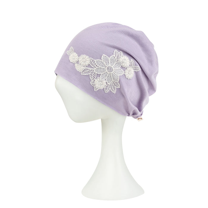 Ililily Ililily Tencel Lyocell Flower Lace Motif Chemo Beanie Soft Head Cover Sleep Hat