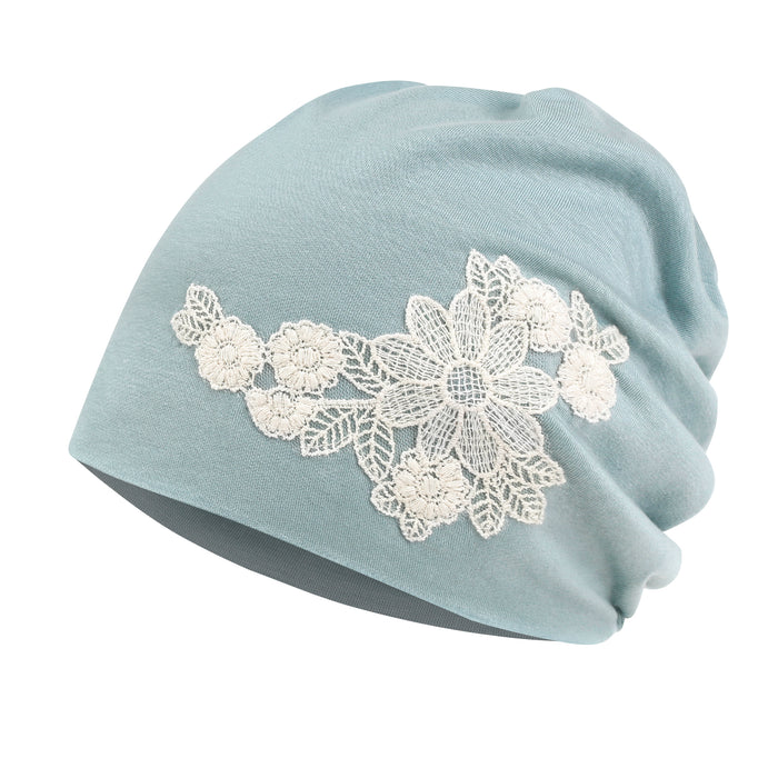 Ililily Ililily Tencel Lyocell Flower Lace Motif Chemo Beanie Soft Head Cover Sleep Hat