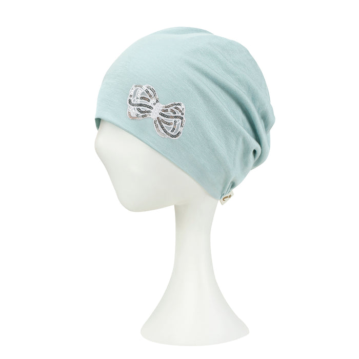 Ililily Ililily Tencel Lyocell Ribbon Spangle Motif Chemo Beanie Soft Smooth Sleep Hat
