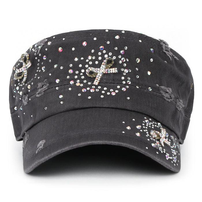 Ililily Ililily Vintage Distressed Cotton Army Hat Heart Ribbon Rhinestone Cadet Cap