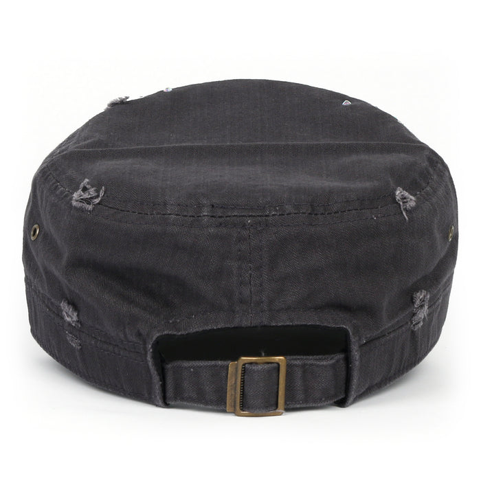 Ililily Ililily Vintage Distressed Cotton Army Hat Heart Ribbon Rhinestone Cadet Cap