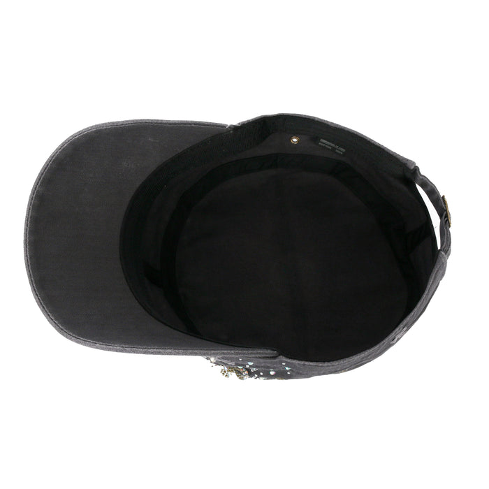 Ililily Ililily Vintage Distressed Cotton Army Hat Heart Ribbon Rhinestone Cadet Cap