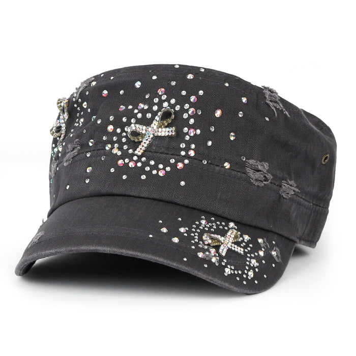 ililily ililily Vintage Distressed Cotton Army Hat Heart Ribbon Rhinestone Cadet Cap