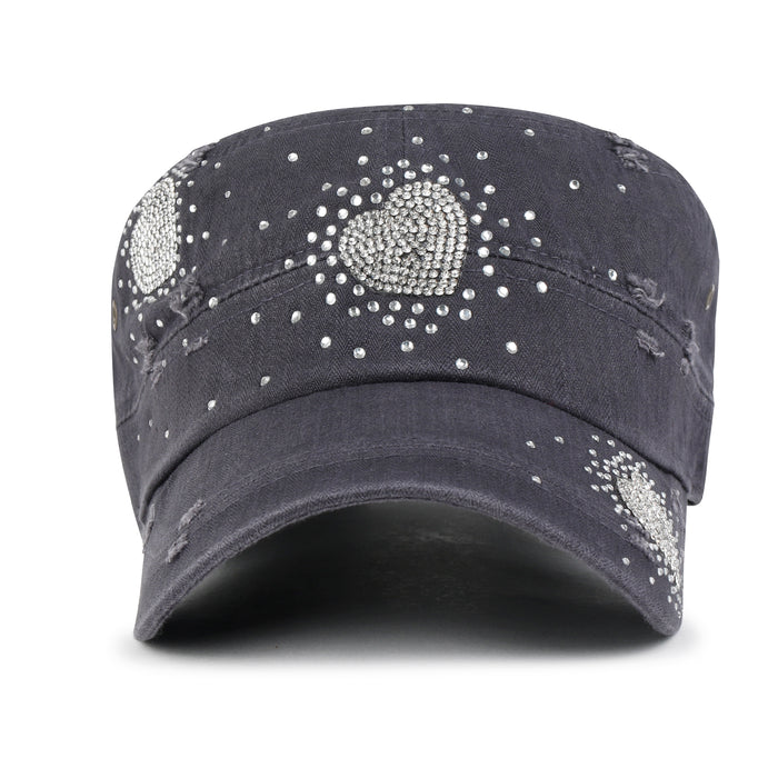 Ililily Ililily Vintage Distressed Cotton Army Hat Heart Shape Rhinestone Cadet Cap