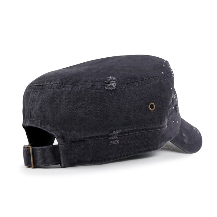 Ililily Ililily Vintage Distressed Cotton Army Hat Heart Shape Rhinestone Cadet Cap