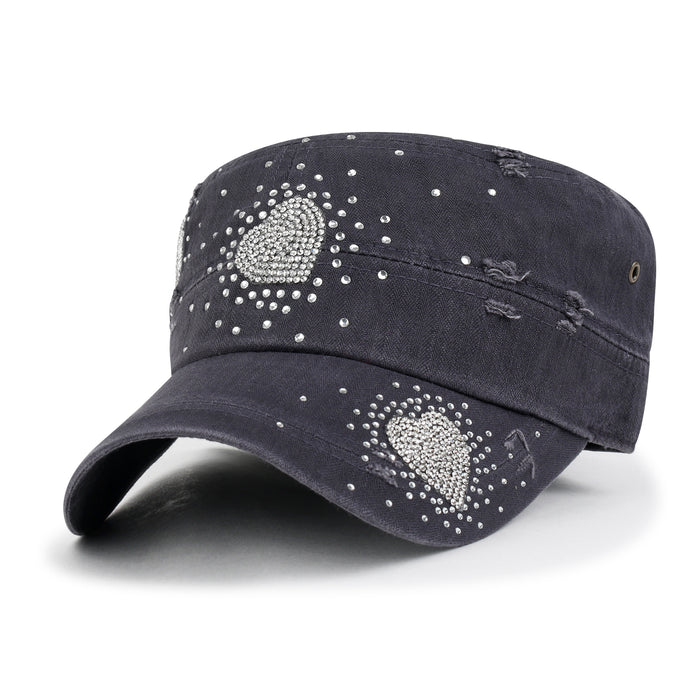 ililily ililily Vintage Distressed Cotton Army Hat Heart Shape Rhinestone Cadet Cap