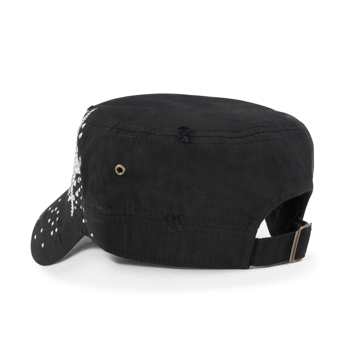 Ililily Ililily Vintage Distressed Cotton Army Hat Star Shape Rhinestone Cadet Cap