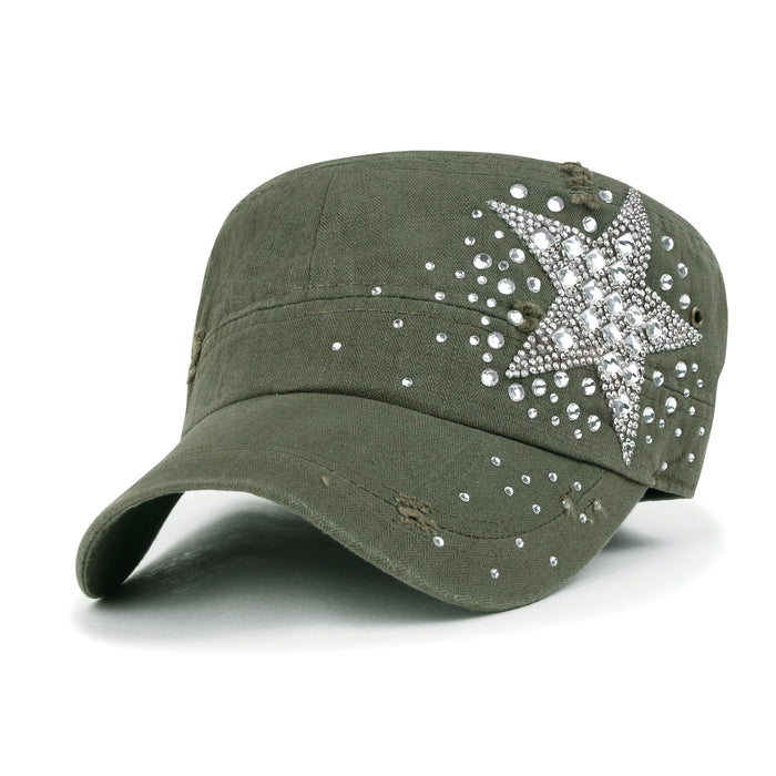 Ililily Ililily Vintage Distressed Cotton Army Hat Star Shape Rhinestone Cadet Cap