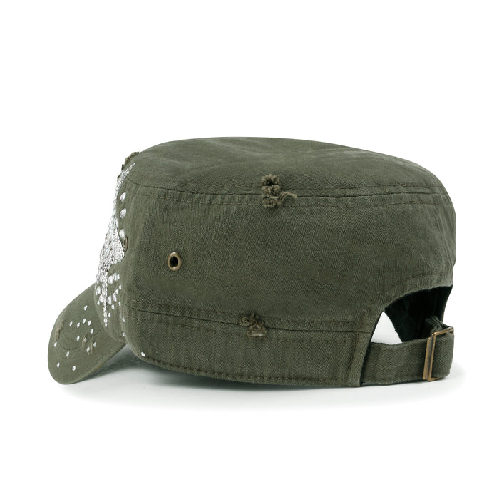 Ililily Ililily Vintage Distressed Cotton Army Hat Star Shape Rhinestone Cadet Cap