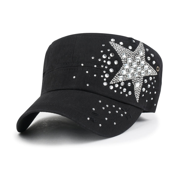 ililily ililily Vintage Distressed Cotton Army Hat Star Shape Rhinestone Cadet Cap