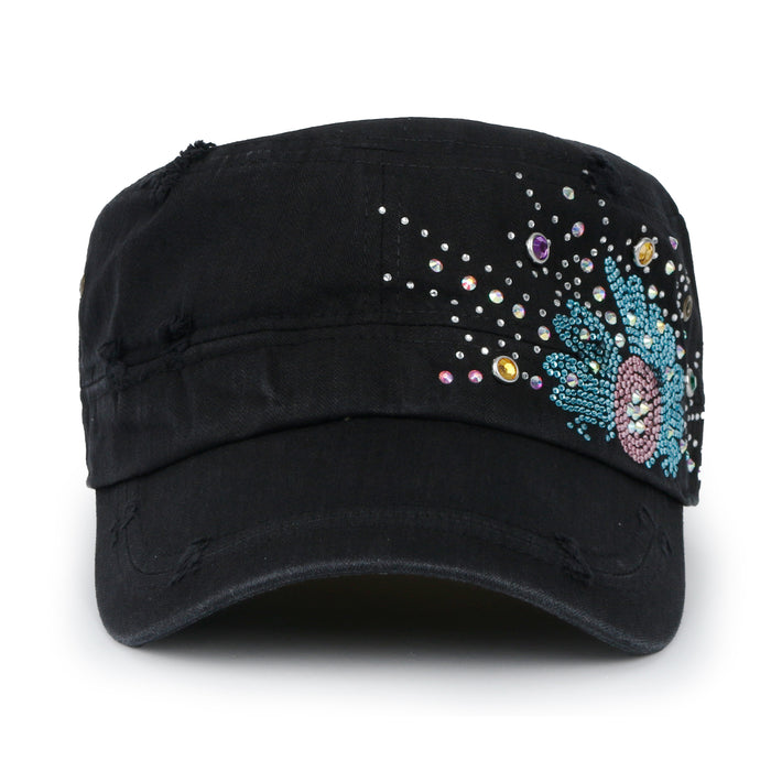 Ililily Ililily Vintage Distressed Cotton Army Hat Sunflower Rhinestone Cadet Cap