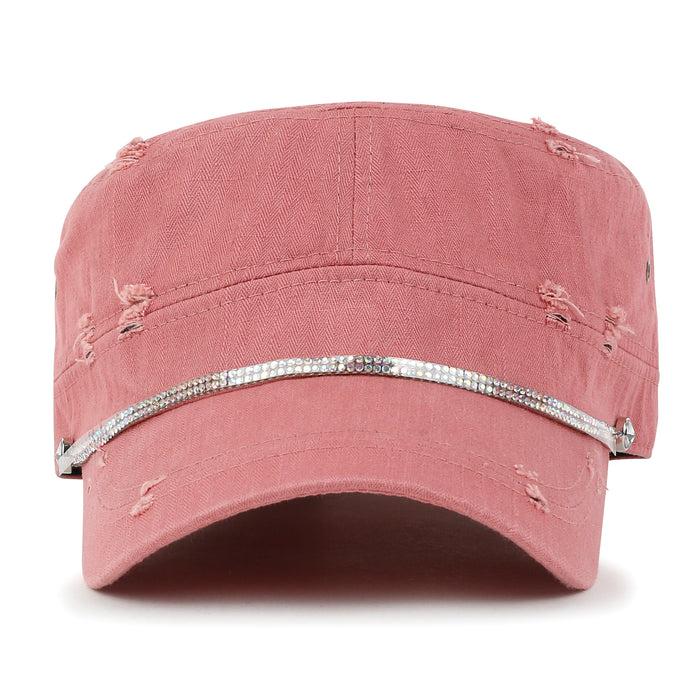 Ililily Ililily Vintage Distressed Rhineston Lined Cadet Cap Cotton Army Hat