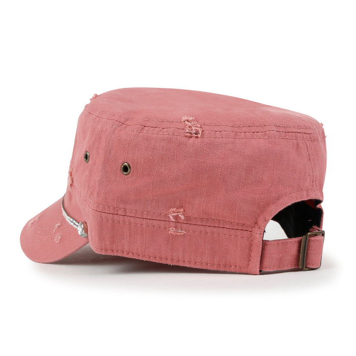Ililily Ililily Vintage Distressed Rhineston Lined Cadet Cap Cotton Army Hat
