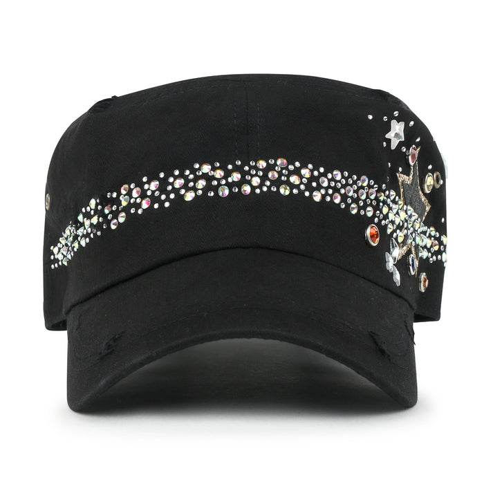 Ililily Ililily Vintage Distressed Star Spangle Cotton Army Hat Rhinestone Cadet Cap