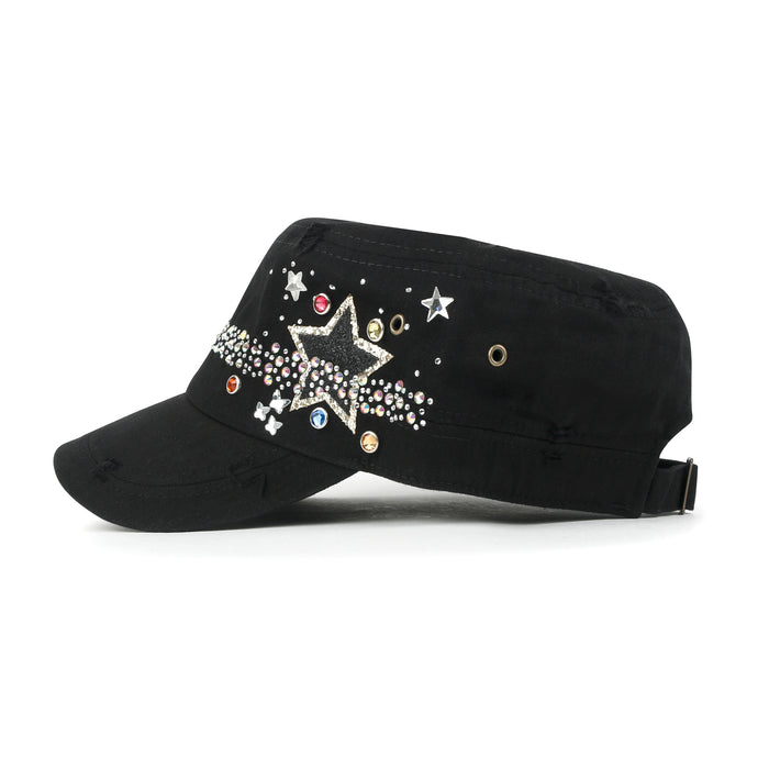 Ililily Ililily Vintage Distressed Star Spangle Cotton Army Hat Rhinestone Cadet Cap