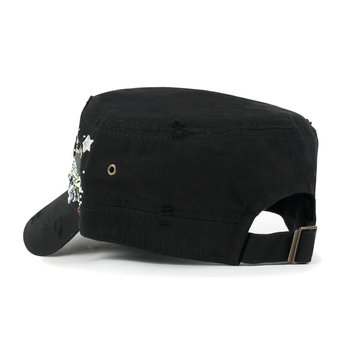 Ililily Ililily Vintage Distressed Star Spangle Cotton Army Hat Rhinestone Cadet Cap
