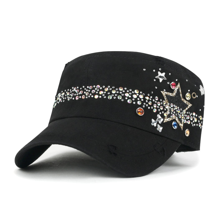 ililily ililily Vintage Distressed Star Spangle Cotton Army Hat Rhinestone Cadet Cap
