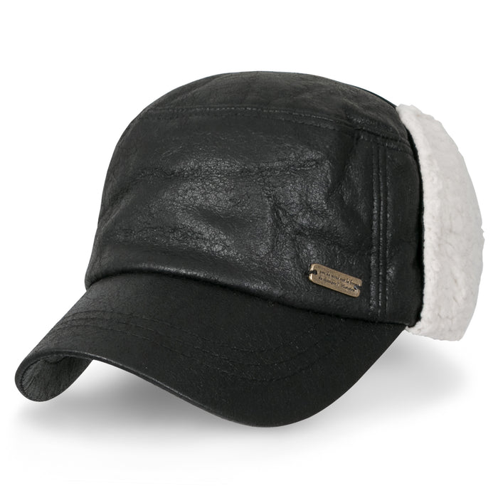 ililily ililily Women Faux Leather Military Army Hat Sherpa Earflaps Flexfit Cadet Cap