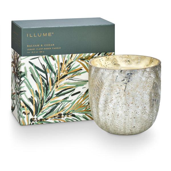 illume Balsam & Cedar Large Boxed Crackle Glass Candle