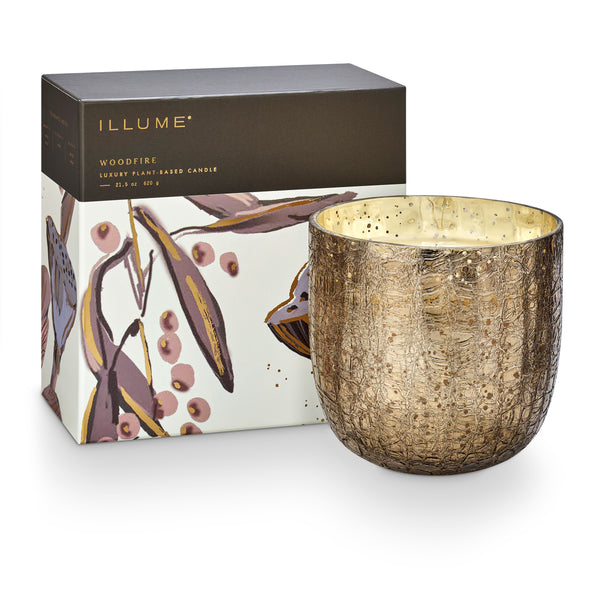 illume Woodfire Large Boxed Crackle Glass Candle