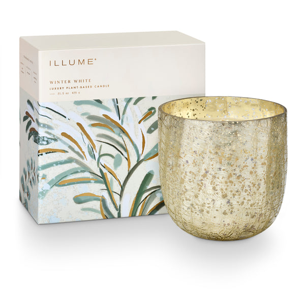 illume Winter White Large Boxed Crackle Glass Candle
