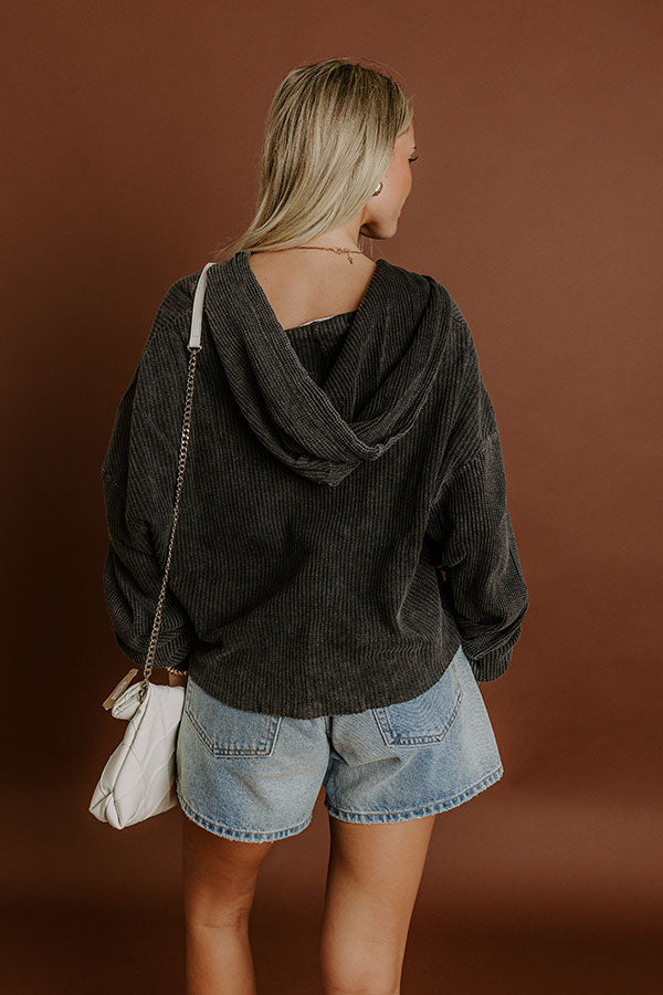 Impressions Cafe Cozy Waffle Knit Hoodie In Vintage Black